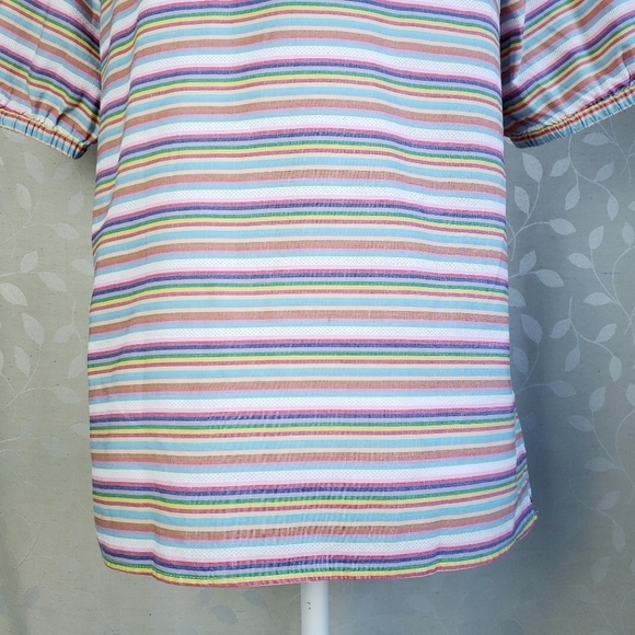 Talbots Pastel Rainbow Striped Puff Sleeve Peasant Top Medium Petite - Picture 11 of 15